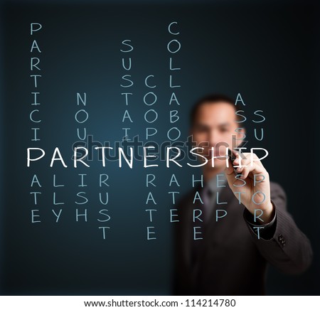 business man writing partnership concept by crossword of relate word such as ally, sustain, help, support, assist, share, etc.