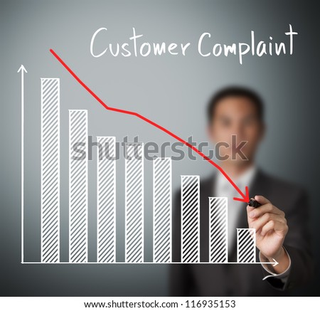 business man writing reduced customer complaint graph