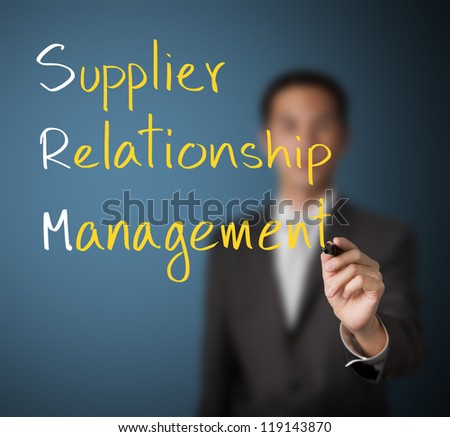 business man writing supplier relationship management ( srm ) concept