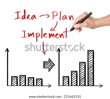 business hand writing process of idea - plan - implement earn more revenue