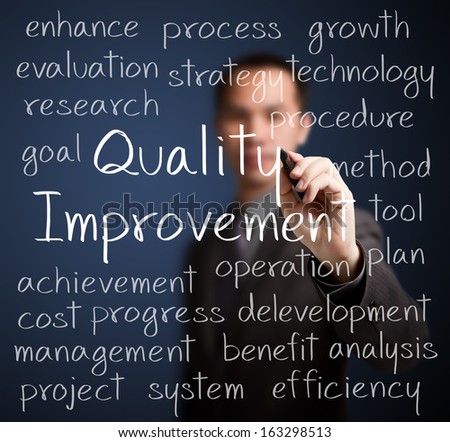 business man writing quality improvement concept