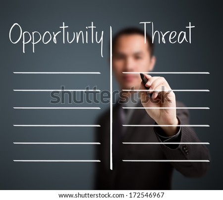 business man writing blank opportunity and threat comparison