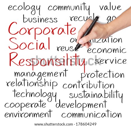business hand writing corporate social responsibility ( CSR ) concept
