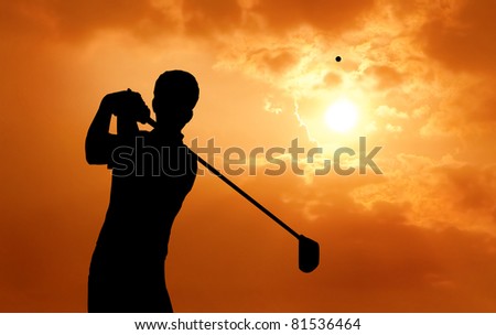 man golf player hit ball to air during sunset silhouetted