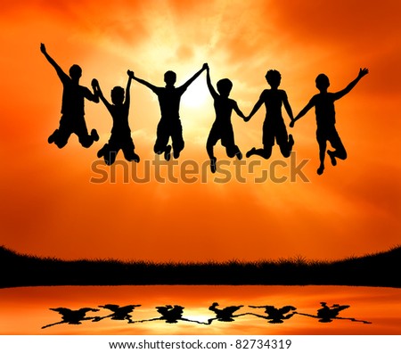 group of six teen friends jumping with joy and freedom at sunrise silhouetted