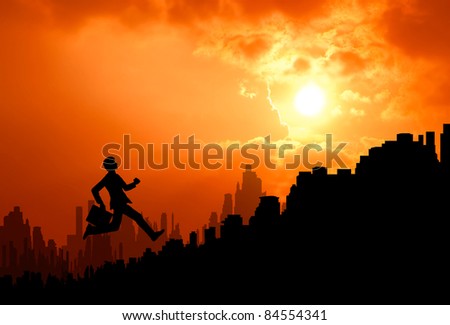 business man with confident attempt to climb up urban building stair to higher level at sunrise silhouetted