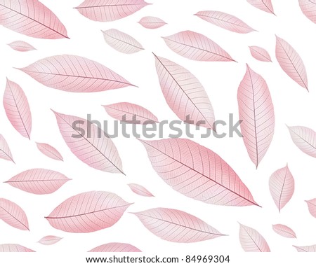 autumn leaf seamless pattern in red, isolated skeleton leaf on white background