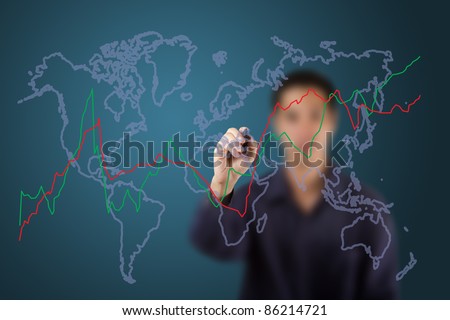 male hand drawing fluctuate upward trend graph on world map