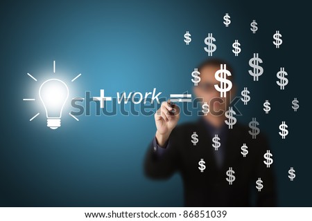 idea and work can make lots of money equation draw by business man