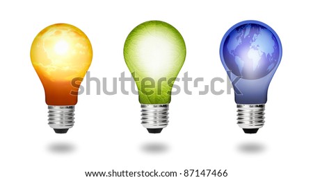 future  eco energy saving concept collection, new alternative natural green leaf, sun and earth  light bulb isolated