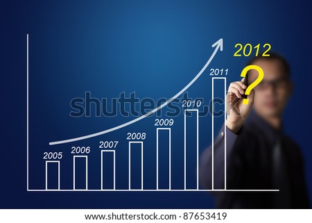 business man drawing upward trend graph and question for 2012