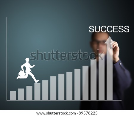 business man climbing up to success on upward trend graph draw by a businessman