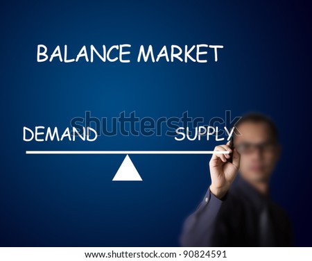 businessman drawing balance of demand and supply market on lever