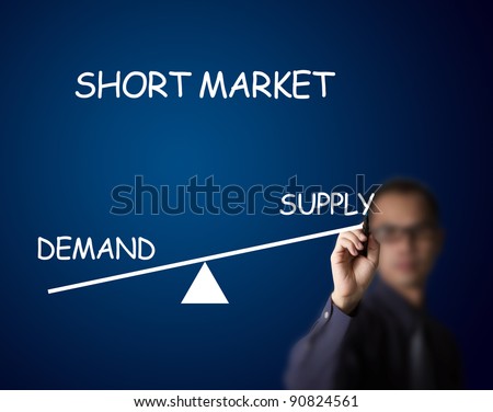 businessman drawing short balance of demand and supply market on lever