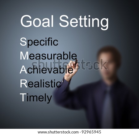 business man writing  smart goal or objective setting - specific - measurable - achievable realistic - timely