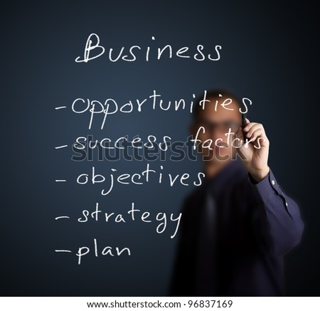 businessman writing business process concept opportunity - success factor - objective - strategy - plan