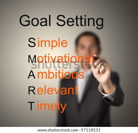 business man writing  concept of smart goal or objective setting - simple - motivational - ambitious - relevant - timely