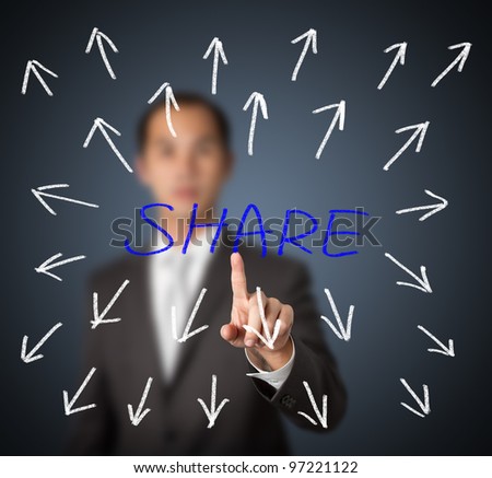 businessman pointing at word share