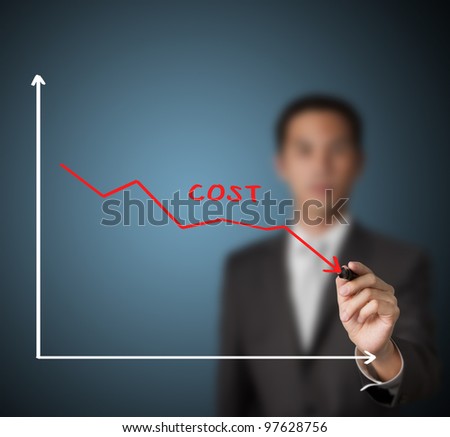 businessman drawing graph of cost reduction