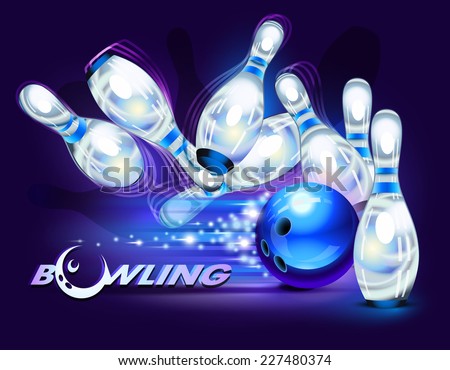 Bowling game, blue bowling ball crashing into the pins