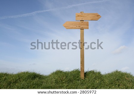 Wooden direction sign in grass, clipping path included