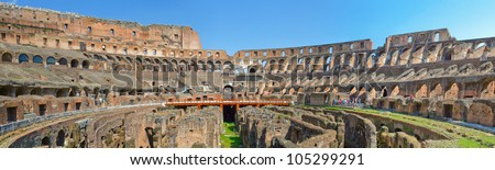 The horizontal panorama of ancient famous Rome Coliseum. Italy.