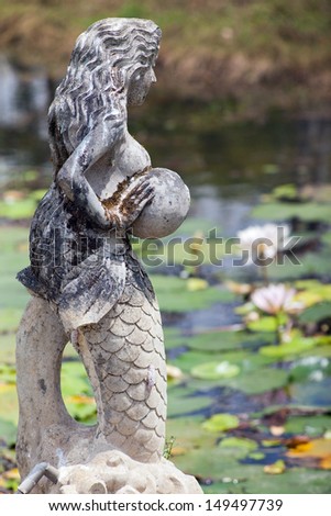 Image pond where lilies grow and there is small statue in the style of Indonesian mythology in Bali, Indonesia.