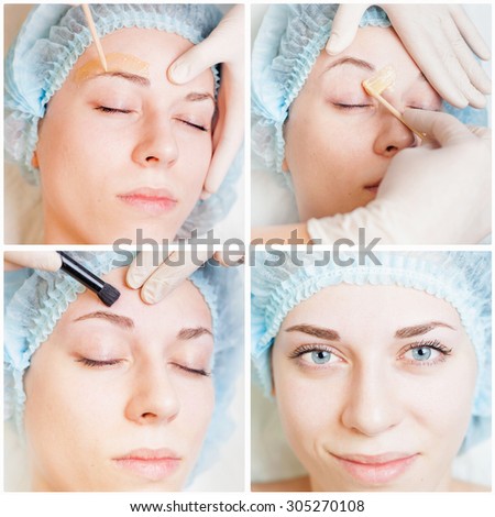 Collage of several photos of beautiful woman in spa salon receiving epilation or correction eyebrow using sugar - sugaring. You can see her smooth eyebrow after hair removal