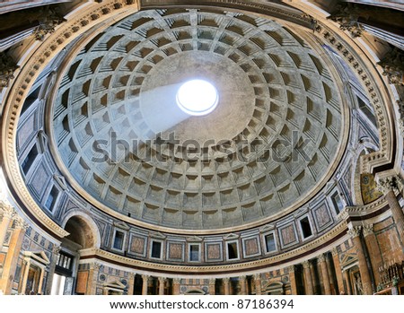Ancient architectural masterpiece of Pantheon in Roma, Italy. Panorama of inside interior