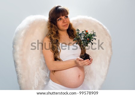 Taking care of new tree and pregnant angelic woman on the white background