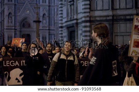 FLORENCE, ITALY - NOVEMBER 27: Animal right demonstration against the company policy of fast-food chain McDonald\'s walk in \