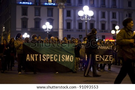 FLORENCE, ITALY - NOVEMBER 27: Animal right demonstration with banner of anti-specism, against the company policy of fast-food chain McDonald's on November 27, 2011 in Florence (Italy)