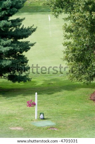 A tee box on a golf course with a flag on the green in a background.