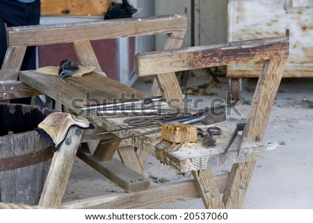 Hand tools sitting on work bench