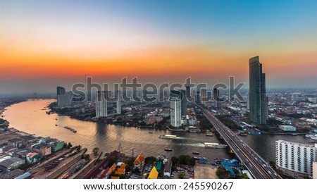 City town at sunset, Bird eyes view, Bangkok, Thailand