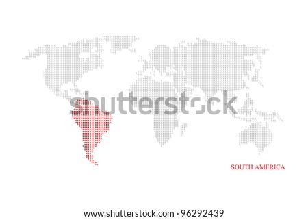 World dotted map highlight with red on South America continent