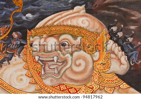 Thai style painting art old about Buddha story on temple wall at wat phra kaew, Bangkok,Thailand