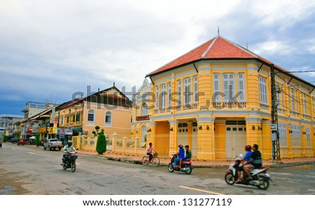 BATTAMBANG, CAMBODIA - SEP 12:French-style building on Sep 12, 2012 in Battambang. Battambang is the second largest city in Cambodia, Was once a French colony,a population of about 10 million.