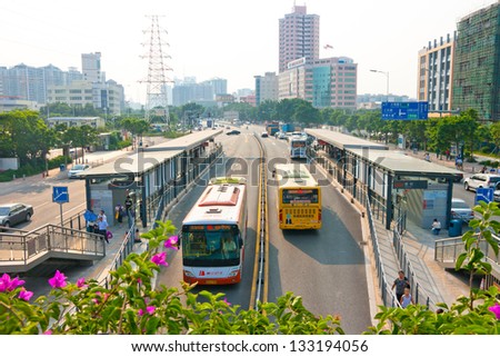 GUANGZHOU, CHINA -AUG 5:Guangzhou Bus Rapid Transit(BRT) on Aug 5,2011 in Guangzhou .This is a mass transit way,One hour can accommodate more than 4,000 people.