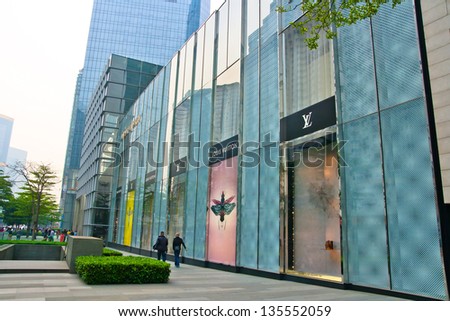 CANTON,CHINA - APR 13: Louis Vuitton shop on Apr 13, 2013 in Canton. Forbes claims Louis Vuitton was the most powerful luxury brand in the world in 2008 with $19.4bn USD value. LV was founded in 1854