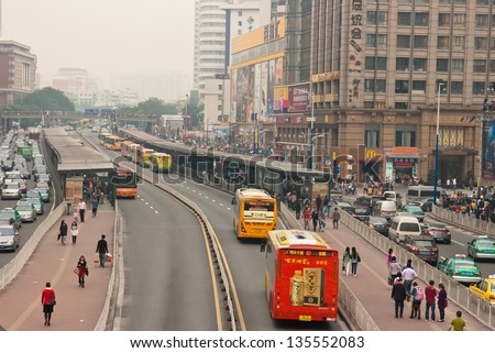 GUANGZHOU, CHINA -APR 13:Guangzhou Bus Rapid Transit(BRT) on Apr 13,2013 in Guangzhou .This is a mass transit way,One hour can accommodate more than 4,000 people.
