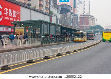 GUANGZHOU, CHINA -APR 13:Guangzhou Bus Rapid Transit(BRT) on Apr 13,2013 in Guangzhou .This is a mass transit way,One hour can accommodate more than 4,000 people.