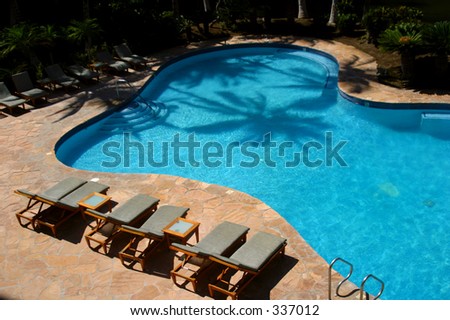 A palm tree\'s shadow is cast  on the water of a swimming pool at a resort hotel on the Big Island of Hawaii.