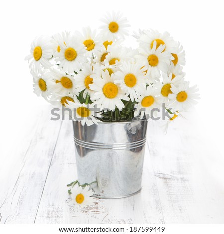 Bouquet of daisies in a metal bucket on a white wooden background