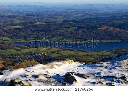 An aerial view of Coniston Water seen from the summit of the Old Man