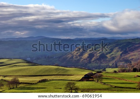 Reston Scar and rolling English Countryside near Staveley in the English Lake District