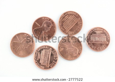 Pile of us coin pennies on white