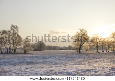 sunrise in snow-covered winter landscape with trees and colorful light