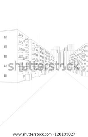 sketch of an urban street with apartment buildings