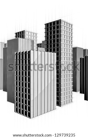 black and white drawing of modern city